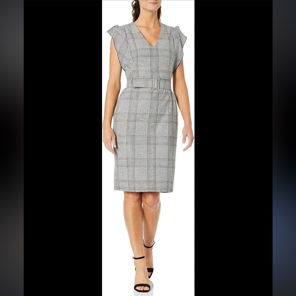 Eliza‎ J Flutter Sleeve Sheath Dress Size 18 Black White Plaid Jacquard